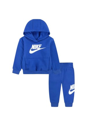 Blue Nike kids' hoodie and sweatpants set with white Nike logo on chest and left pant leg, elastic cuffs and waistband.