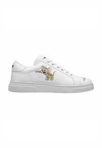 White sneakers with a smooth leather finish. Features a cartoon mouse graphic on the side, rubber sole, and standard lace-up design.