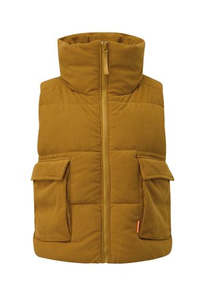 Mosterdgele corduroy gewatteerde vest met hoge kraag, voorrits en twee grote klepzakken.