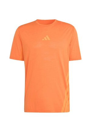 Bright orange short-sleeve athletic shirt with subtle logo on chest and diagonal stripes on lower right side.