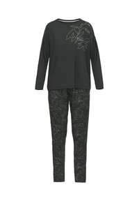 Black long-sleeve top with floral outline design; paired with black pants featuring a similar floral pattern in light hues. Soft fabric.
