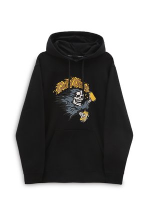 Czarna bluza z kapturem z grafiką szkieletu trzymającego dwie żółte puszki z farbą w sprayu oraz tekstem "Cold Ones" na żółto nad nim.
