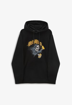 Sweat à capuche noir avec un graphique d’un squelette tenant deux bombes de peinture en spray jaunes, avec le texte "Cold Ones" en jaune au-dessus.