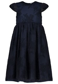 Marineblaues Kleid mit kurzen Puffärmeln, geschichteten Stoffen und floralen Stickereidetails an Oberteil und Rock. Reißverschluss im Rücken.