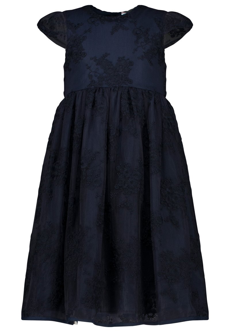 Marineblaues Kleid mit kurzen Puffärmeln, geschichteten Stoffen und floralen Stickereidetails an Oberteil und Rock. Reißverschluss im Rücken.