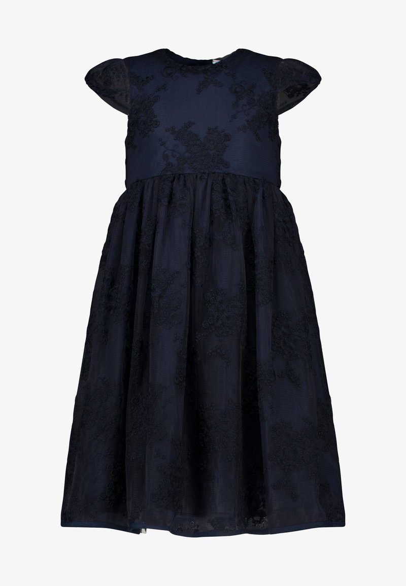 Marineblaues Kleid mit kurzen Puffärmeln, geschichteten Stoffen und floralen Stickereidetails an Oberteil und Rock. Reißverschluss im Rücken.