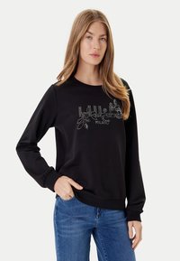 Felpa nera con maniche lunghe, girocollo, con un motivo decorativo con strass e la scritta "MILANO" sulla parte frontale.