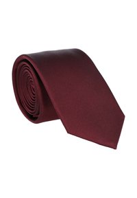 Burgunderfarbige Krawatte mit glatter, satinierter Oberfläche. Gerolltes Design mit spitzem Ende und ohne sichtbare Muster oder Akzente.