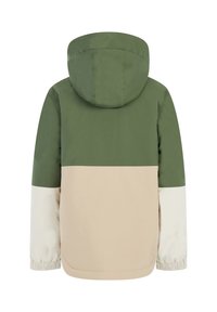 Veste bicolore avec une section supérieure verte, un milieu beige et des manches inférieures blanches. Tissu texturé avec une capuche et des poignets élastiques.