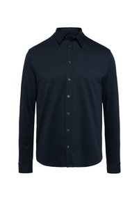 Marineblaues Langarmhemd aus weichem Stoff; mit einem knöpfbaren Kragen, Frontknöpfen und typischer taillierter Passform.
