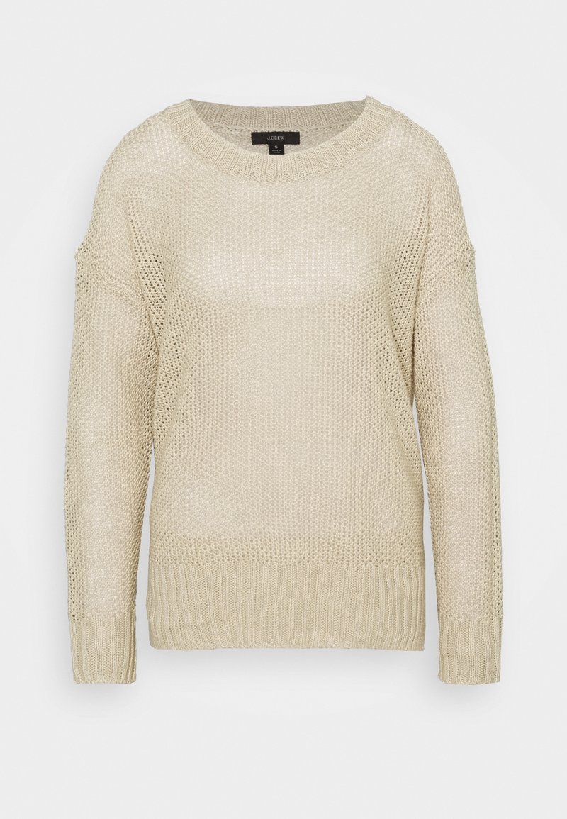 Pull beige en maille à manches longues avec col rond côtelé, poignets et bas, avec un motif à maille lâche et ajourée.