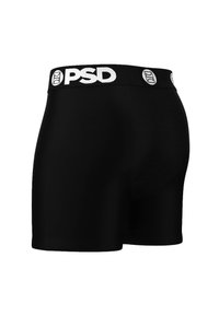 Fekete boxeralsó lélegző hálós betéttel, széles, fehér "PSD" logóval ellátott elasztikus derékpánttal. Sima anyagtextúra.