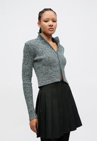 Pelēks ribots īss džemperis ar augstu apkakli, priekšā rāvējslēdzēju un piegulošām piedurknēm, kombinēts ar melnu krokotu svārku. Gluda tekstūra.