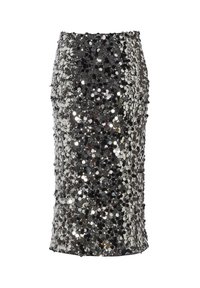 Musta kynähame, joka on peitetty limittäin olevilla hopeilla paljeteilla, ja jossa on tiukka muotoilu sekä suora siluetti ja kiinteä vyötärö.