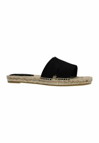 Zwarte suède slip-on sandaal met twee brede banden, touwzool en een platte zool. Opvallende stiksels langs de randen van de banden.