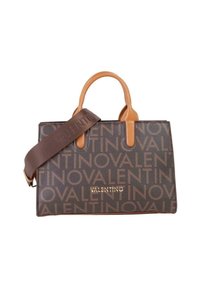 Hnědá kožená kabelka s tanovými uchy a odnímatelným ramenním popruhem. Obsahuje vyražené logo "Valentino" a opakující se vzor.