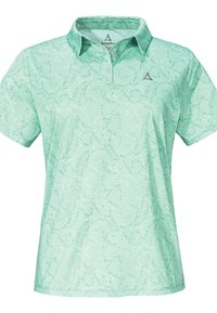 Hellgrünes Polohemd mit subtilen Paisleymuster, kurzen Ärmeln und Kragen. Verfügt über ein kleines Logo auf der Brust. Weicher Stoff.