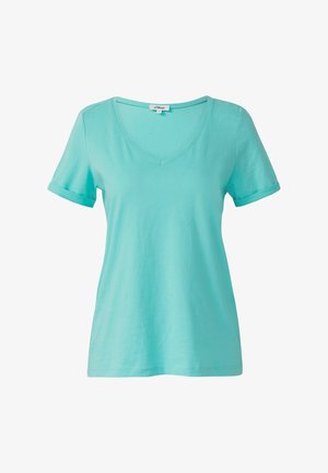 Licht turquoise T-shirt met korte mouwen, met een V-hals ontwerp en omgeslagen mouwen, gemaakt van zachte katoenstof met een soepele textuur.