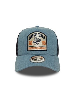 Denim cap with a structured front, embroidered logo, and a black mesh back. Features an adjustable strap for a customizable fit.