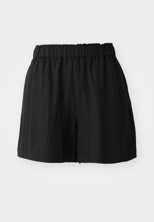 Black shorts with an elastic waistband, featuring a loose fit, smooth texture, and knee-length cut. No visible patterns or hardware.