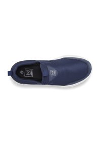 Marinefarbene Slipper aus atmungsaktivem Mesh-Material mit einer weißen Sohle. Verfügt über ein kleines Logo an der Seite und eine Zuglasche an der Ferse.