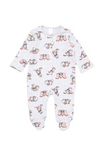 Grey baby onesie with snaps, covered in small prints of a cartoon elephant with large pink ears and a yellow collar.