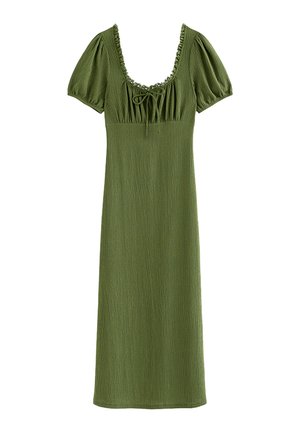 New Look, DARK KHAKI CRINKLE TEXTURE SHORT SLEEVE MILKMAID MIDI DRESS - Day dress - khaki