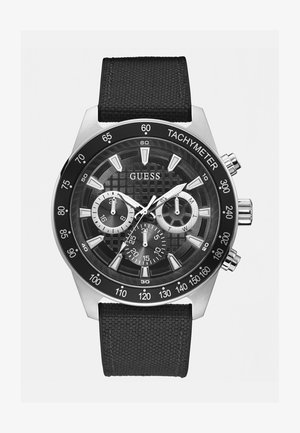 Montre chronographe noire avec un cadran texturé, des accents argentés et une lunette tachymétrique. Comprend plusieurs sous-cadrans et un bracelet noir durable.