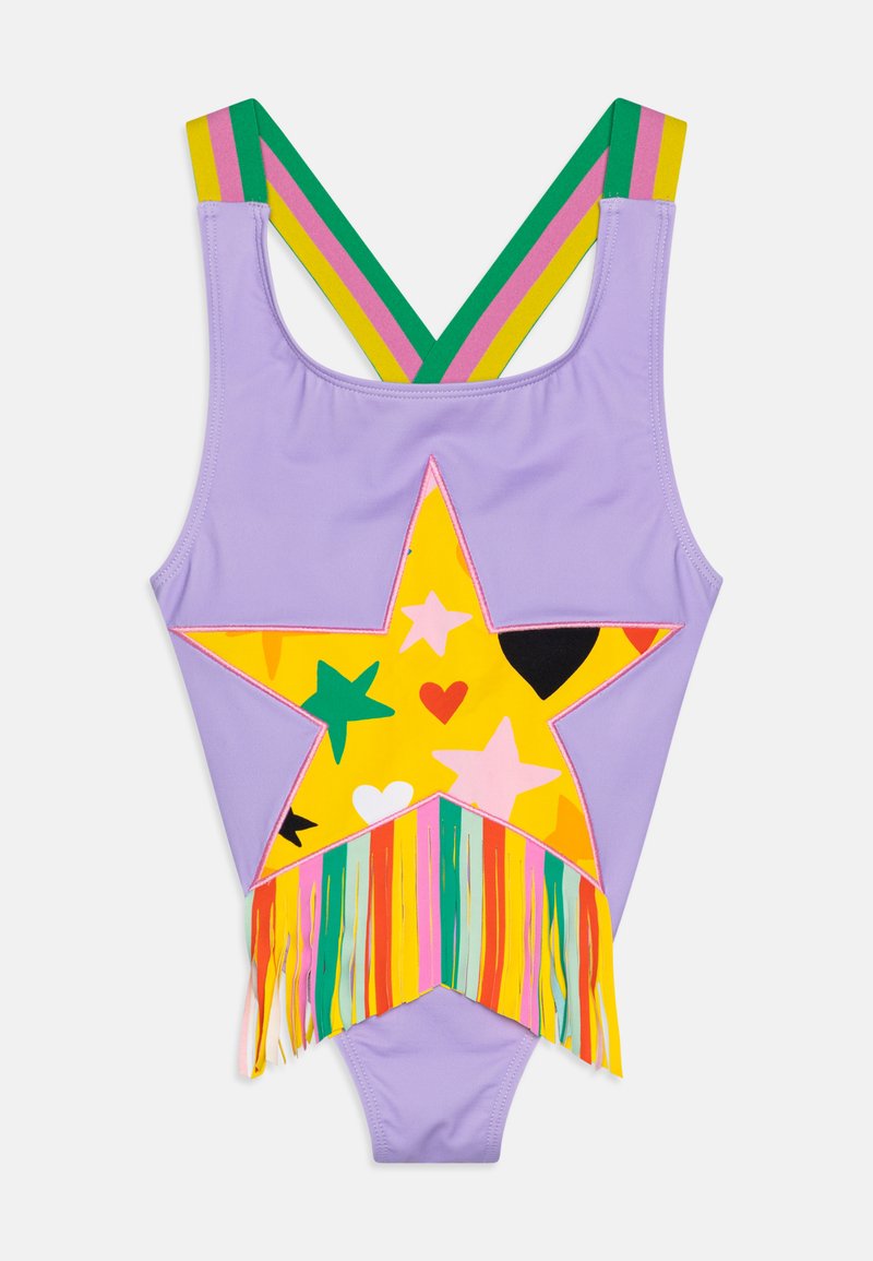 O fato de banho roxo apresenta um grande design de estrela amarela com detalhes coloridos, franja na parte inferior e alças com riscas multicoloridas.