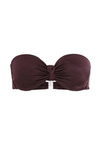 Burgundijos spalvos bandeau bikini viršus su suktukų priekyje dizainu ir sidabriniais akcentais centre, pasižymintis lygiu audinio tekstūru.