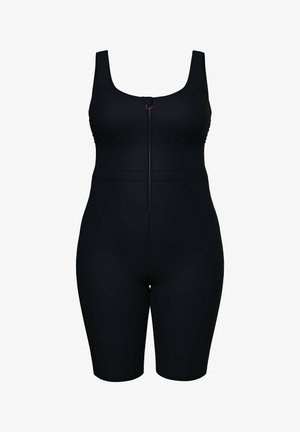 Černé jednopiece plavky s přiléhavým designem, širokými ramínky a předním zipem. Vyrobeno z hladkého, elastického materiálu; má boční panely.