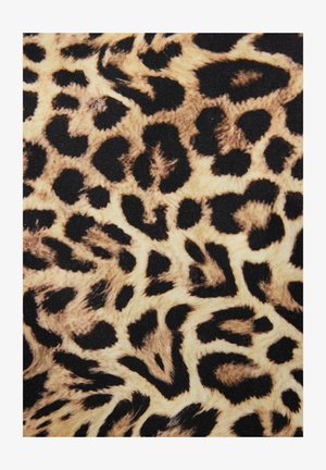 Luipaardprint stof met een patroon van donkerbruine en zwarte vlekken op een lichtbeige achtergrond, met een gladde, gestructureerde oppervlakte.