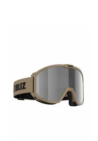 Occhiali da sci con una montatura beige opaco, grande lente grigia colorata, e una fascia elastica nera con il logo "BLIZ" in bianco.
