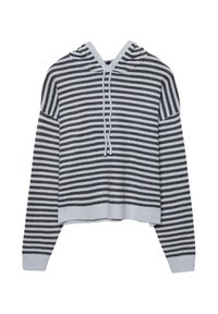 Pull à capuche rayé horizontal gris et noir avec manches longues et cordons à l'avant, en tissu tricoté.