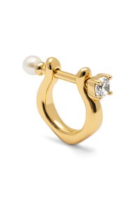 Orecchino a cerchio in oro con accento di diamante chiaro e dettaglio in perla, texture liscia e forma arrotondata con una finitura lucida.