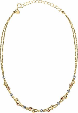 Halskette aus goldfarbenem Metall mit verwobenen Strängen, akzentuiert mit strukturierten Perlen in Silber und Roségold, mit verstellbarer Länge durch eine Kette.
