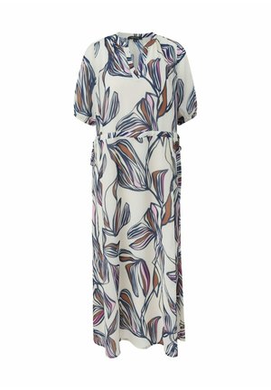 Biała sukienka maxi z krótkim rękawem, z niebieskim, różowym i brązowym abstrakcyjnym liściastym wzorem oraz dekoltem w serek i rozcięciem z przodu.