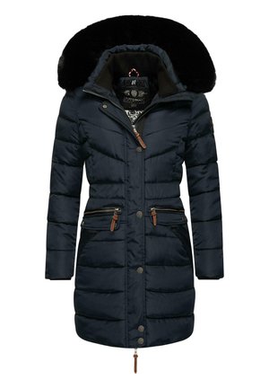 Parka bleu marine isolée avec une capuche en fausse fourrure, fermeture éclair et boutons pression à l'avant, poches zippées et accents en cuir marron contrastants.