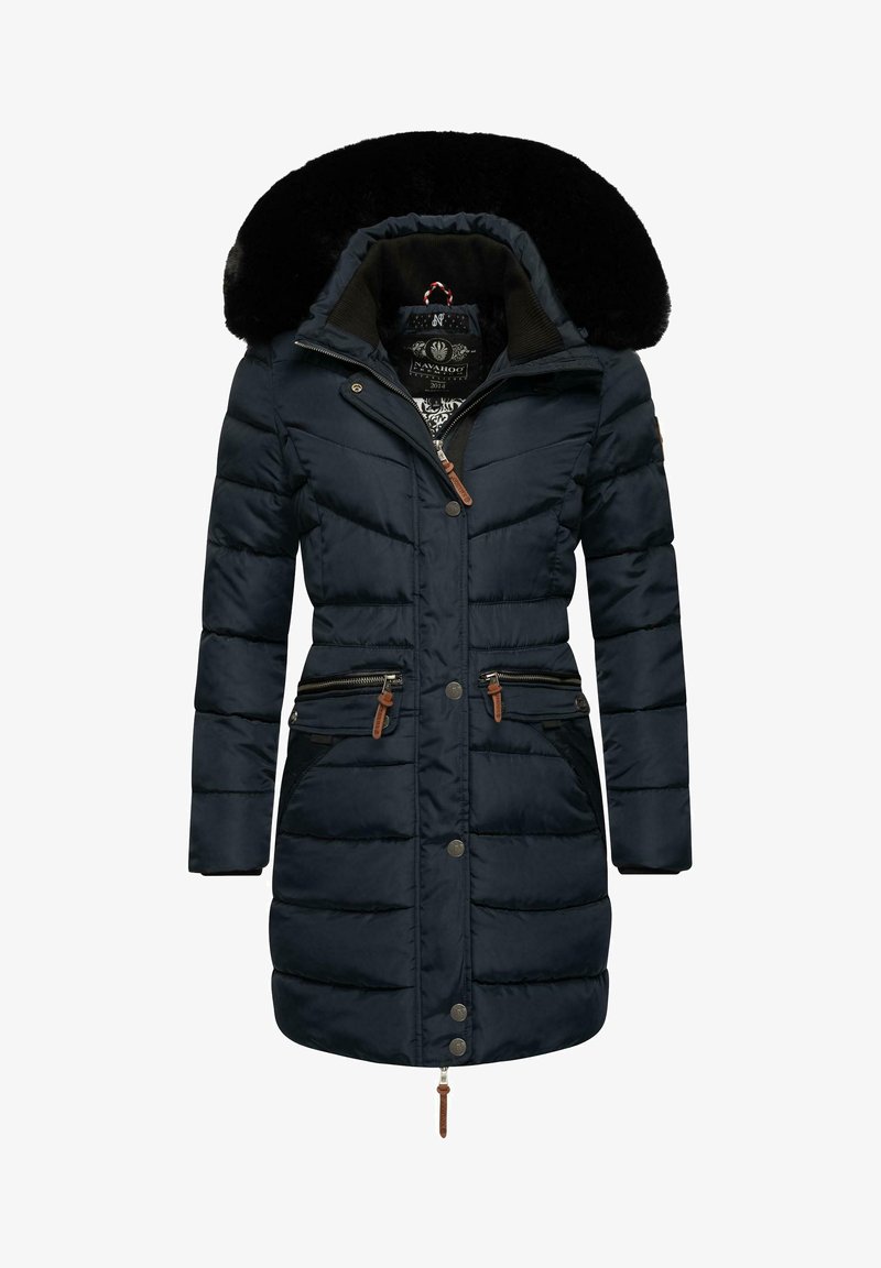 Marineblå isolert parka med hette i faux pels, frontlukking med glidelås og trykknapper, glidelåslommer og kontrastfargede brune lærdetaljer.