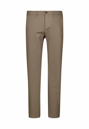 Beige chino's met een recht gesneden ontwerp, met een ritssluiting aan de voorkant, knoopsluiting en riemlussen. Glad materiaal met een matte textuur.