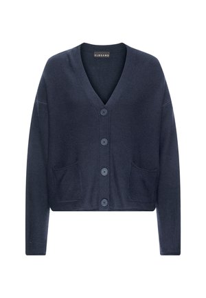 Marineblauer, geknöpfter Cardigan mit langen Ärmeln, V-Ausschnitt, zwei Fronttaschen und kurzer Passform.
