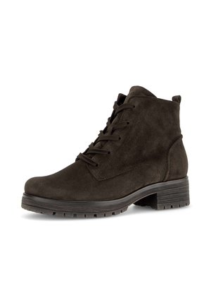 Black suede ankle boot with laces, low chunky heel, and textured rubber sole, shown from the outer side on a white background.
