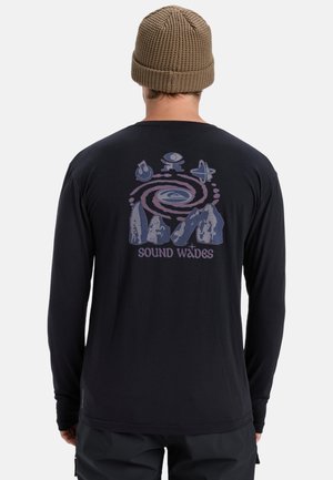 Black long-sleeve shirt with a cosmic graphic in shades of blue and pink on the back. Features a round neckline and a smooth texture.