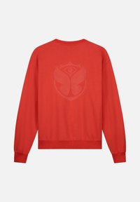 Rode sweatshirt met lange mouwen, geribde manchetten en zoom, voorzien van een reliëflogo op de achterkant. Zachte textuur, casual pasvorm.