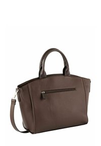 Sac à main en cuir marron texturé avec deux poignées, une bandoulière amovible et une poche avant zippée.