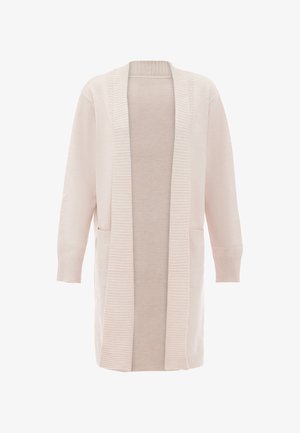 Helles rosa Strickjäckchen aus weichem Material, mit gerippten Bündchen, offener Vorderseite und zwei vorderen Taschen. Lange Ärmel und mittellanges Design.