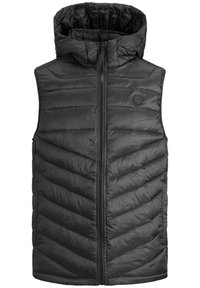 Black padded vest with a high collar and hood. Features chevron quilted design, full front zipper, and circular logo on the chest.