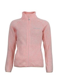 Veste zippée rose clair avec un tissu texturé, manches longues et col haut. Présente un logo discret près de la fermeture éclair et un bord contrastant.