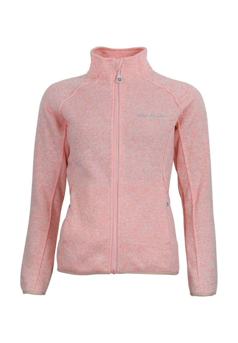Veste zippée rose clair avec un tissu texturé, manches longues et col haut. Présente un logo discret près de la fermeture éclair et un bord contrastant.