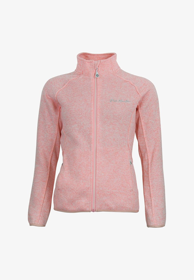 Veste zippée rose clair avec un tissu texturé, manches longues et col haut. Présente un logo discret près de la fermeture éclair et un bord contrastant.